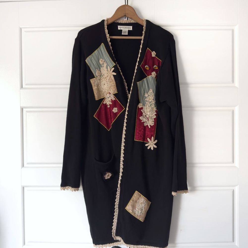 Vintage Shell Kepler Patchwork Beaded Duster Cardigan Large Black Crochet Lace